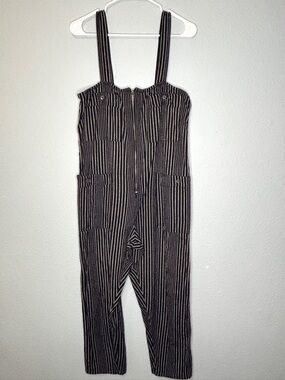 Billabong Cotton Linen Zip Front Loose Fit Black w/ White Stripe Overalls L